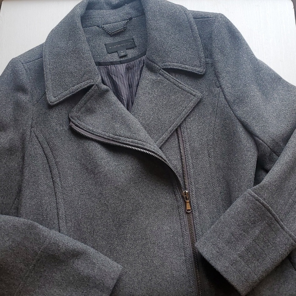 Worthington Gray Wool Blend Asymmetrical Zipper Coat L